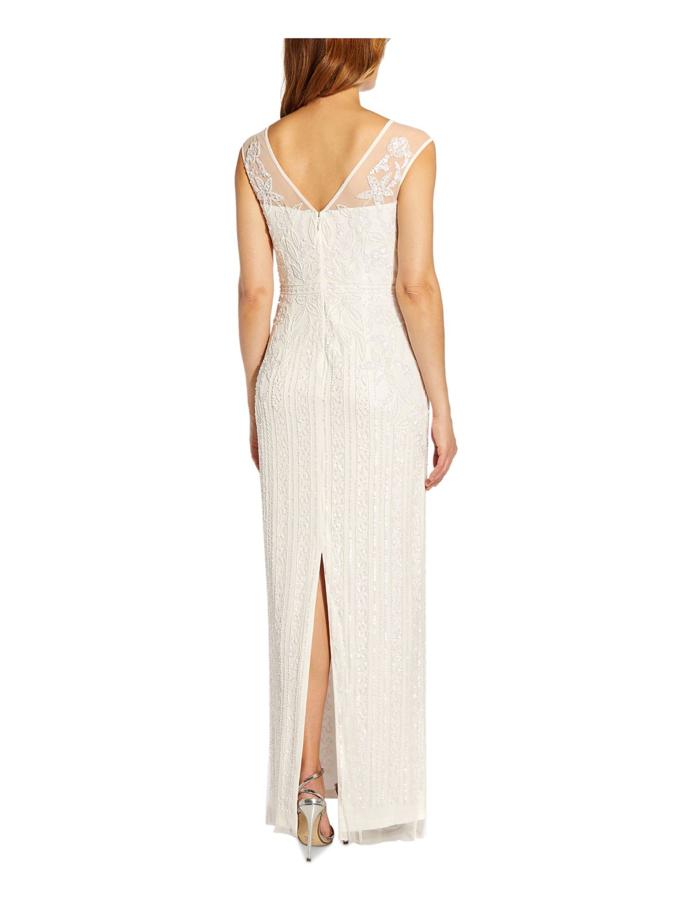 ADRIANNA PAPELL Womens Ivory Embellished Zippered Slit Back Hem Lined Cap Sleeve Illusion Neckline Full-Length Formal Gown Dress 12