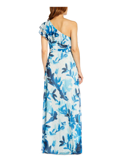 ADRIANNA PAPELL Womens Blue Metallic Ruffled Zippered Lined Slit Short Sleeve Asymmetrical Neckline Full-Length Cocktail Sheath Dress 6