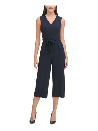 TOMMY HILFIGER Womens Navy Belted Zippered Sleeveless V Neck Cropped Jumpsuit 18