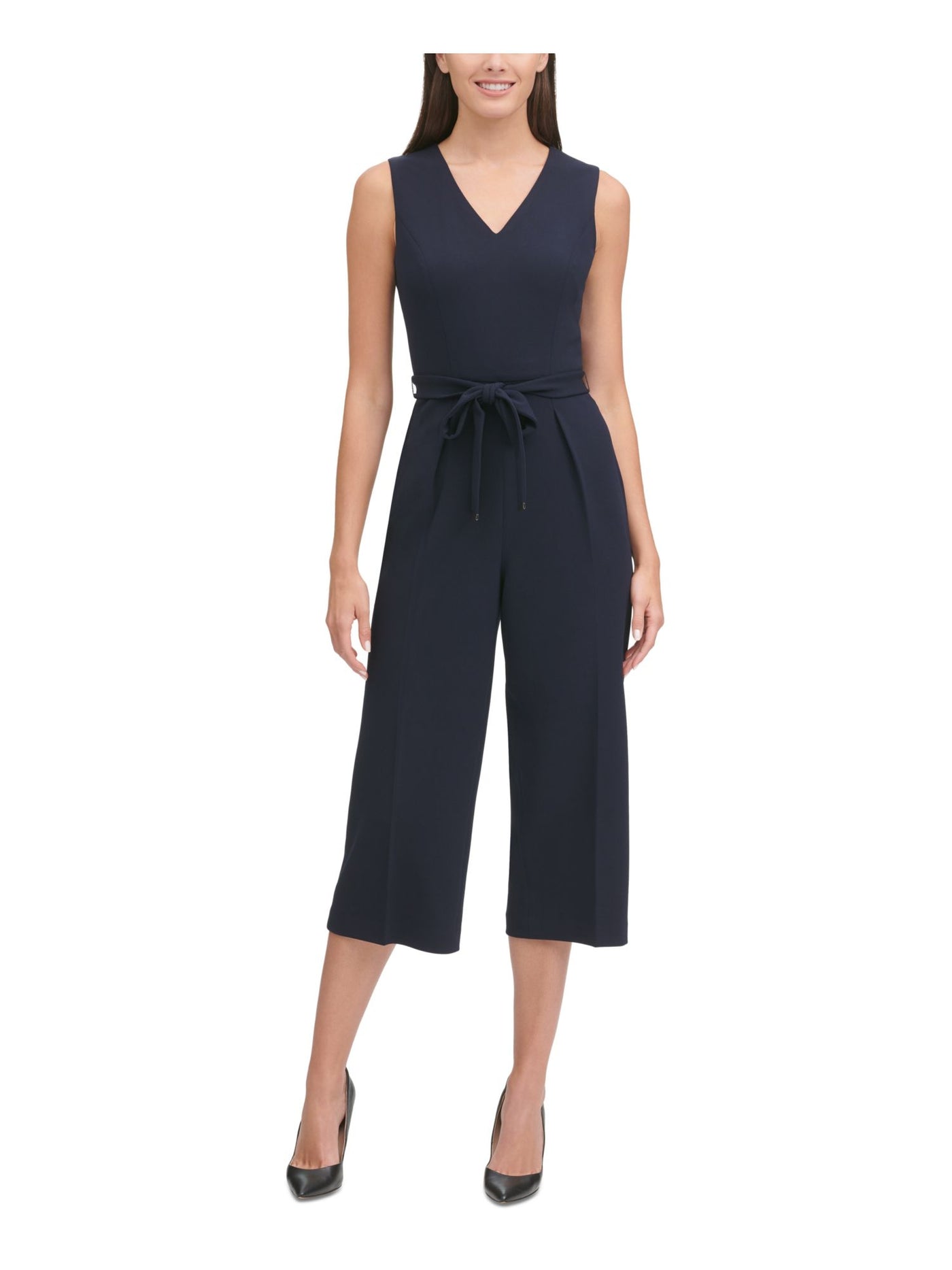 TOMMY HILFIGER Womens Navy Belted Zippered Sleeveless V Neck Cropped Jumpsuit 6