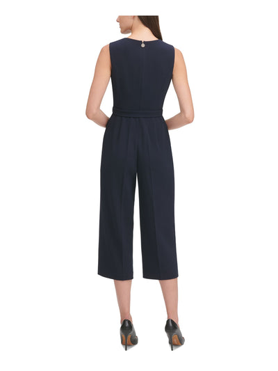 TOMMY HILFIGER Womens Navy Belted Zippered Sleeveless V Neck Cropped Jumpsuit 18