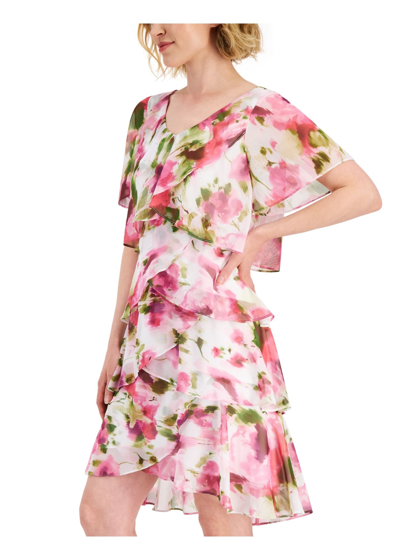 SLNY Womens Ivory Sheer Tiered Lined Pullover Floral Flutter Sleeve V Neck Knee Length Shift Dress 6