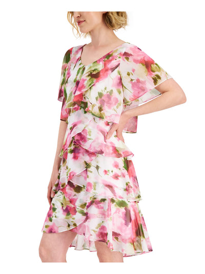 SLNY Womens Ivory Sheer Tiered Lined Pullover Floral Flutter Sleeve V Neck Knee Length Shift Dress 6