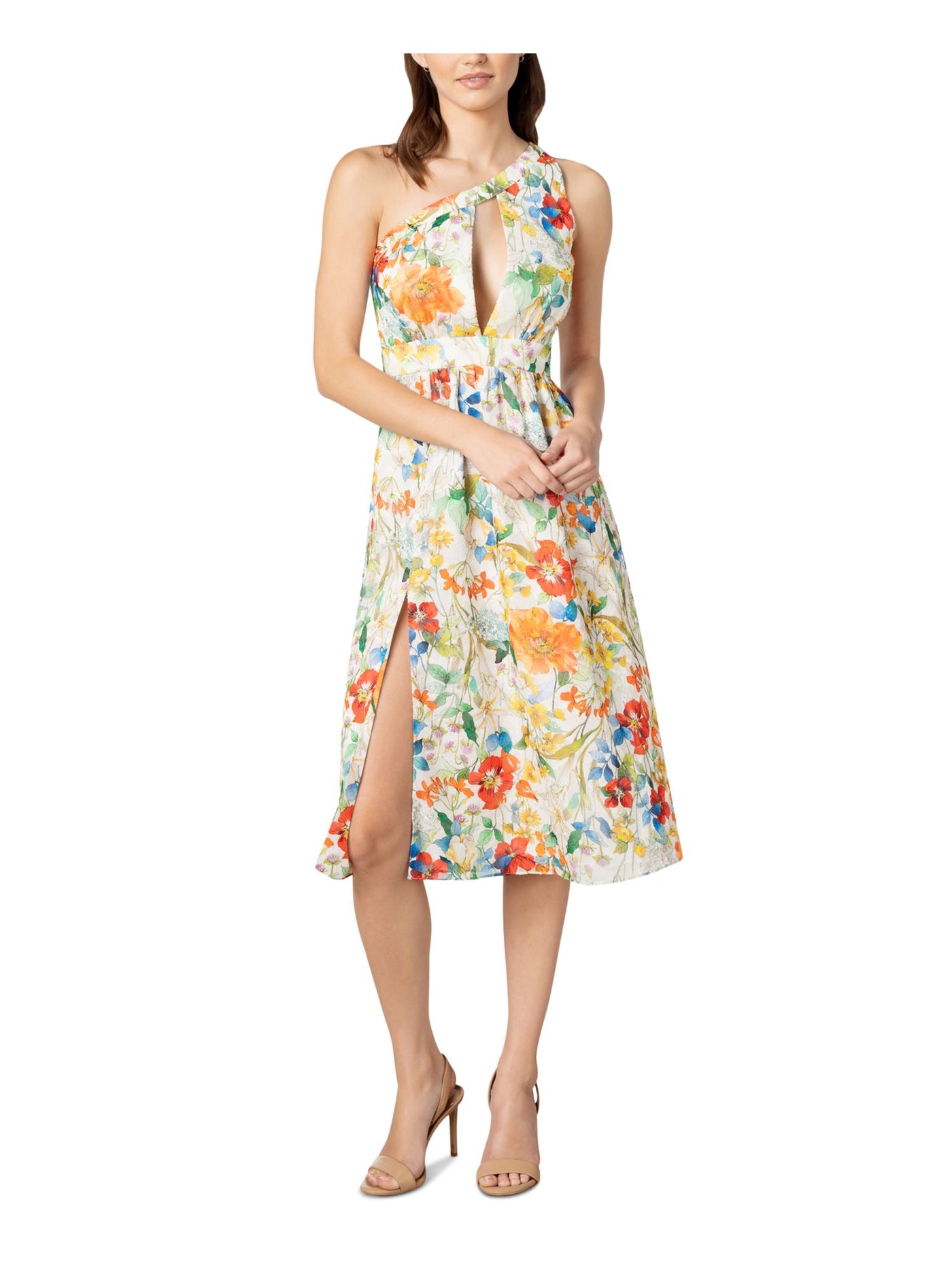 DRESS THE POPULATION Womens White Cut Out Pocketed Lined Slit Boning Zippered Floral Sleeveless Asymmetrical Neckline Below The Knee Fit + Flare Dress XXS