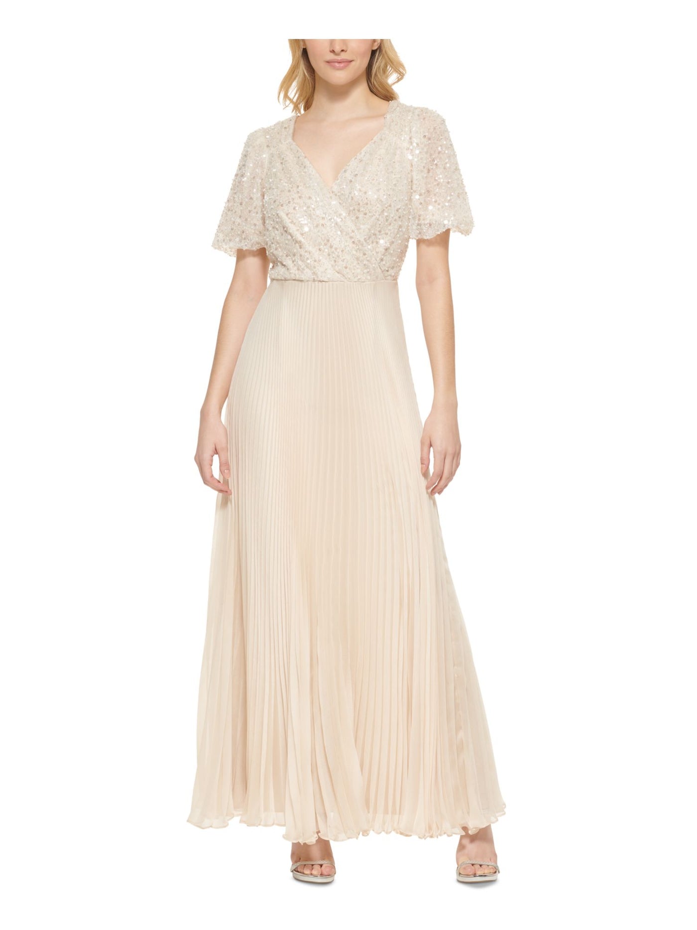 DKNY Womens Beige Embellished Zippered Pleated Lined Sheer Pouf Sleeve Surplice Neckline Full-Length Formal Gown Dress 14