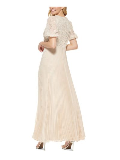 DKNY Womens Beige Embellished Zippered Pleated Lined Sheer Pouf Sleeve Surplice Neckline Full-Length Formal Gown Dress 14