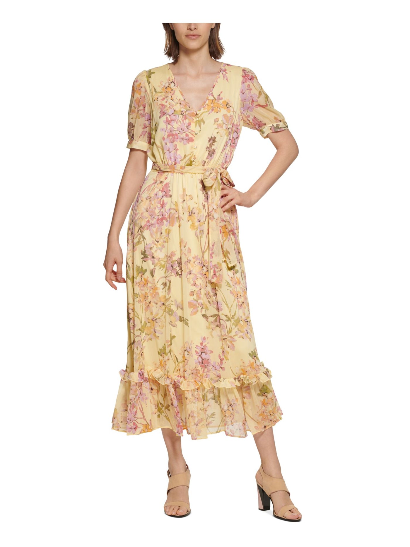 CALVIN KLEIN Womens Yellow Ruffled Button Front Tie Waist Floral Short Sleeve V Neck Maxi Fit + Flare Dress 2