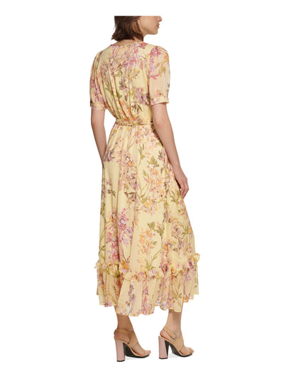 CALVIN KLEIN Womens Yellow Ruffled Button Front Tie Waist Floral Short Sleeve V Neck Maxi Fit + Flare Dress 2