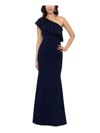 BETSY & ADAM Womens Navy Ruffled Pleated Zippered Lined Cap Sleeve Asymmetrical Neckline Full-Length Formal Gown Dress 4