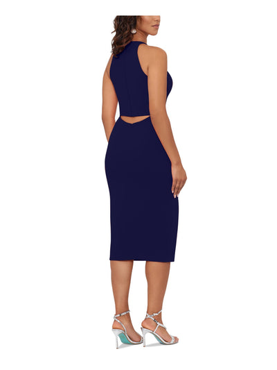 BETSY & ADAM Womens Navy Zippered Slitted Sleeveless Round Neck Below The Knee Cocktail Sheath Dress 2