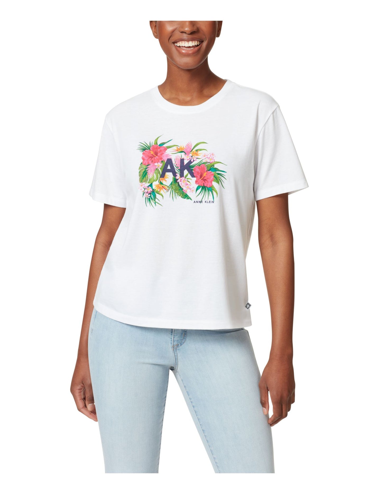ANNE KLEIN Womens White Logo Graphic Short Sleeve Crew Neck T-Shirt L