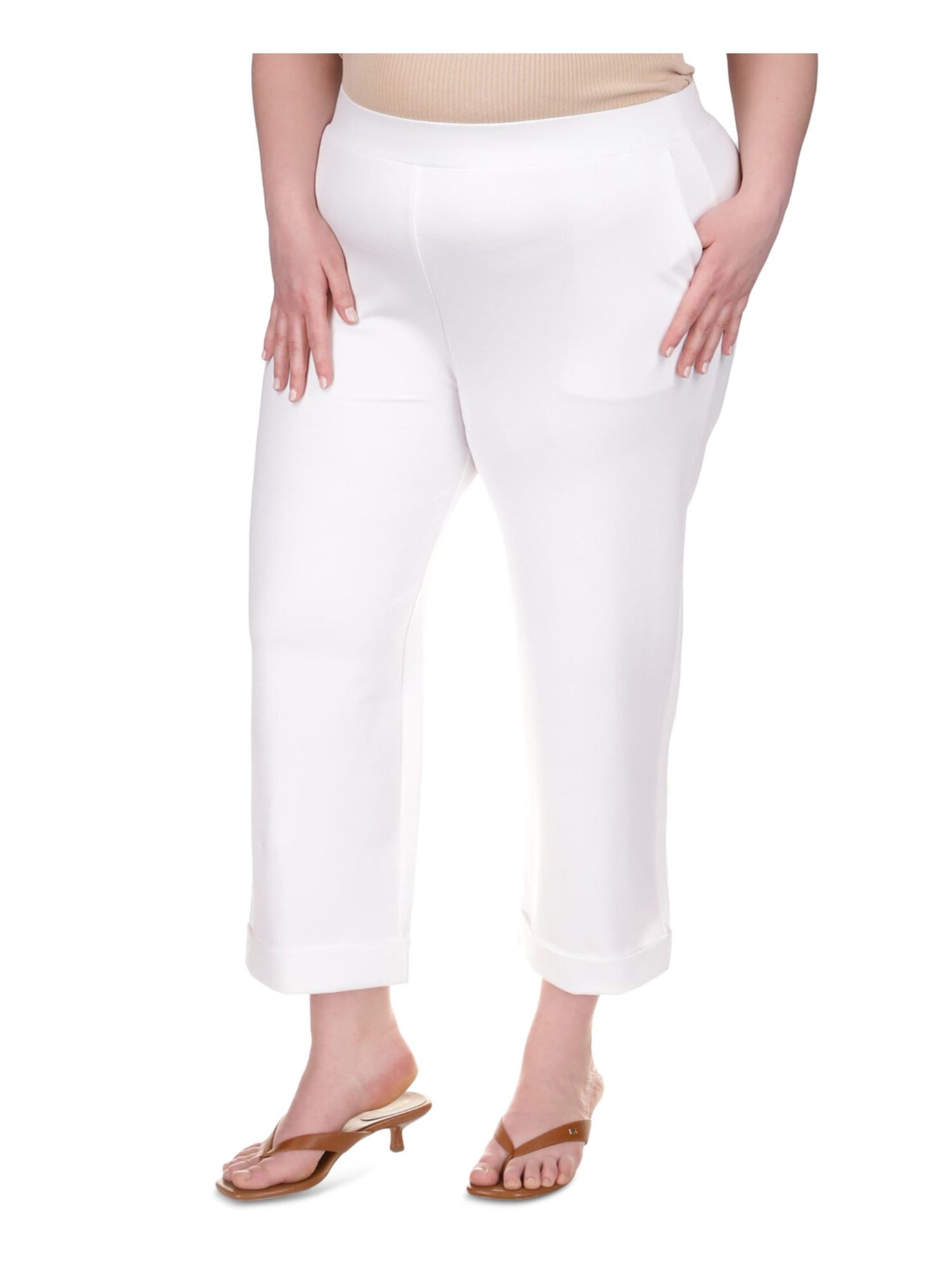 MICHAEL MICHAEL KORS Womens White Pocketed Textured Wide Leg Cuffed Pants Plus 0X