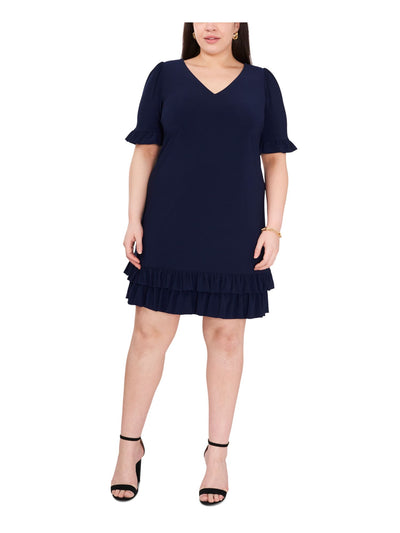 MSK WOMEN Womens Navy Ruffled Pullover Short Sleeve V Neck Above The Knee Wear To Work Shift Dress Plus 1X