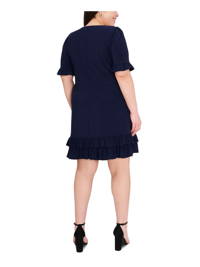 MSK WOMEN Womens Navy Ruffled Pullover Short Sleeve V Neck Above The Knee Wear To Work Shift Dress Plus 1X