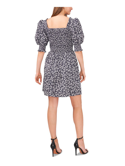 MSK PETITES Womens Navy Smocked Unlined Pullover Floral Pouf Sleeve Square Neck Short Fit + Flare Dress Petites PS