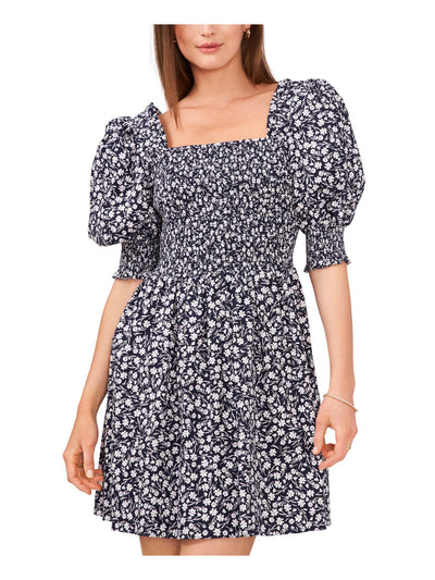 MSK PETITES Womens Navy Smocked Unlined Pullover Floral Pouf Sleeve Square Neck Short Fit + Flare Dress Petites PS