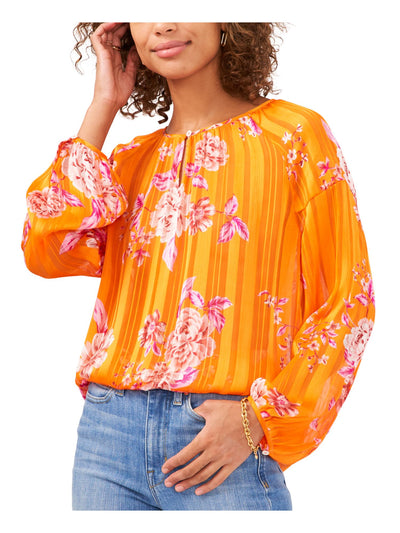 VINCE CAMUTO Womens Orange Sheer Unlined Keyhole Front Curved Hem Floral Long Sleeve Crew Neck Peasant Top XS