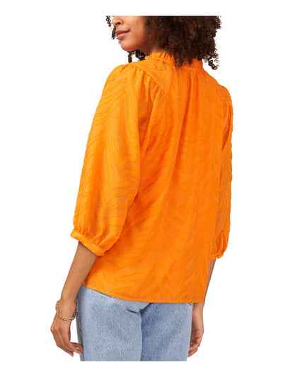 VINCE CAMUTO Womens Orange Textured Ruffled Tie Split Hem Lined Tie Neck Cuffed Sleeve Split Blouse XS