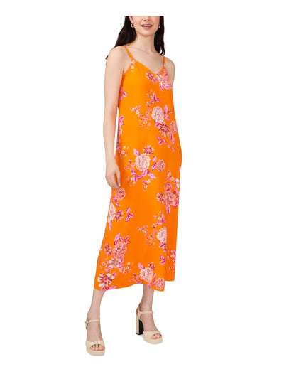 VINCE CAMUTO Womens Orange Floral Spaghetti Strap V Neck Midi Shift Dress XS
