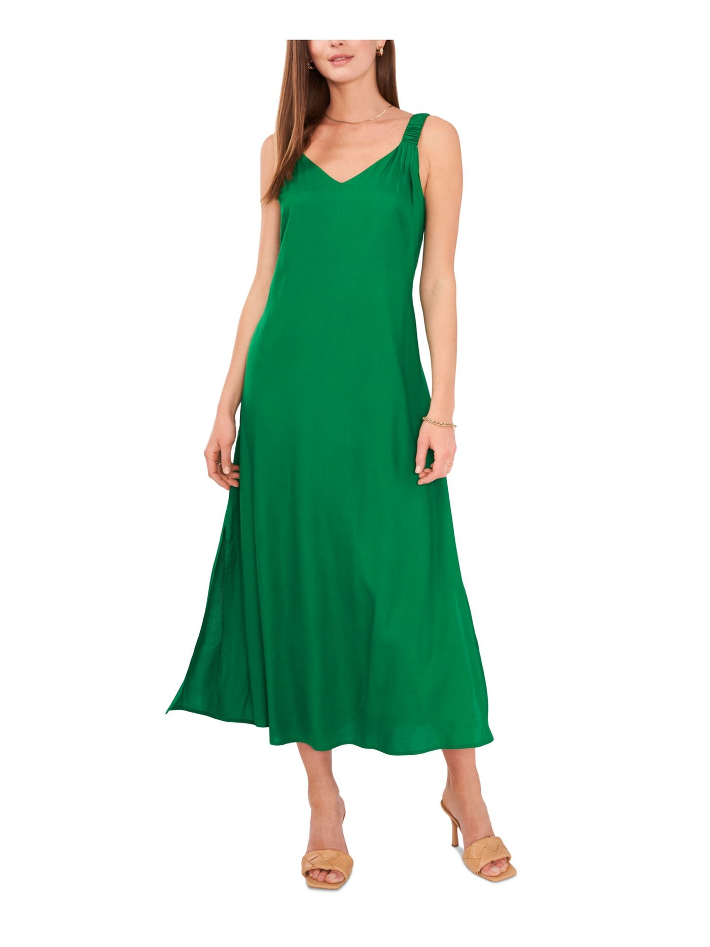 VINCE CAMUTO Womens Green Slitted V Neck Tea-Length Evening Shift Dress XXS