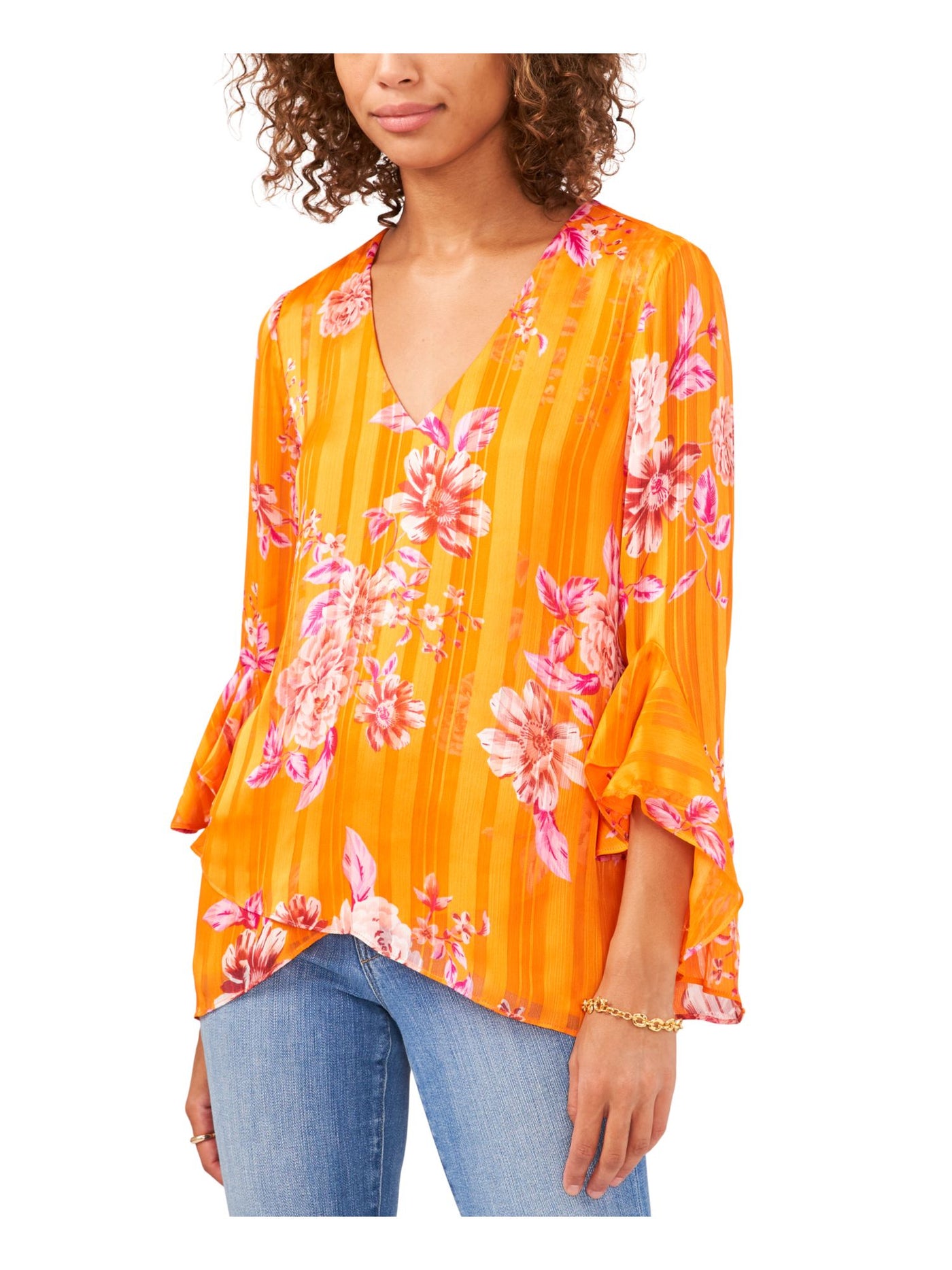 VINCE CAMUTO Womens Orange Lined Overlap Hem Floral Flutter Sleeve V Neck Blouse S