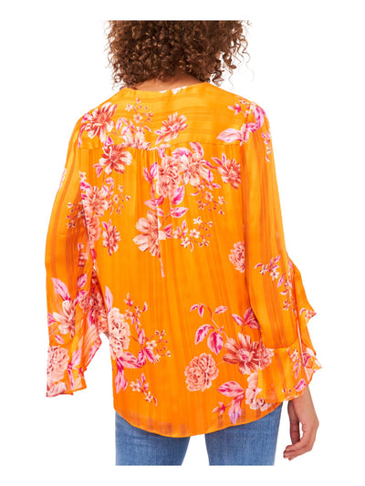 VINCE CAMUTO Womens Orange Lined Overlap Hem Floral Flutter Sleeve V Neck Blouse XS