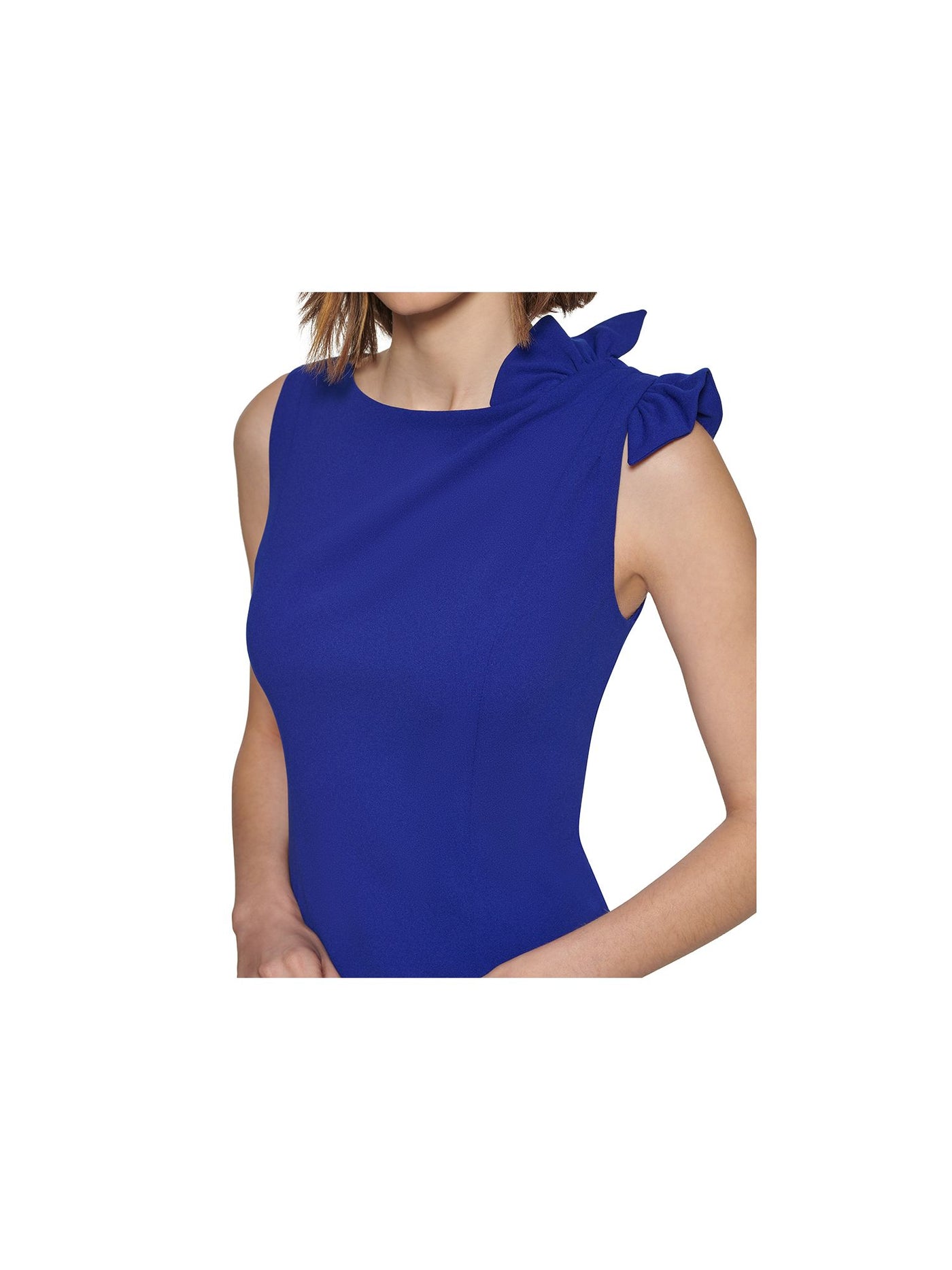 CALVIN KLEIN Womens Blue Zippered Pleated Bow Detail Unlined Sleeveless Round Neck Above The Knee Wear To Work Sheath Dress 12