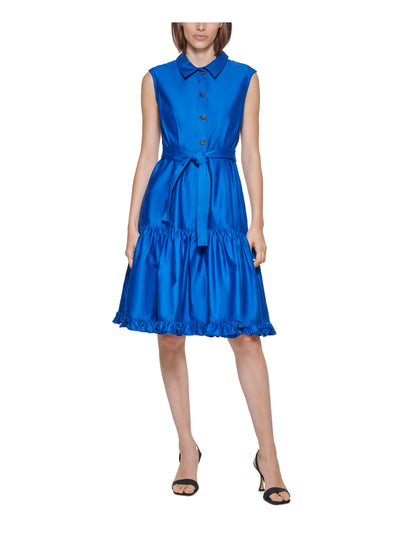 CALVIN KLEIN Womens Blue Belted Ruffled Button Up Bodice Tiered Skirt Sleeveless Point Collar Above The Knee Wear To Work Shirt Dress 2