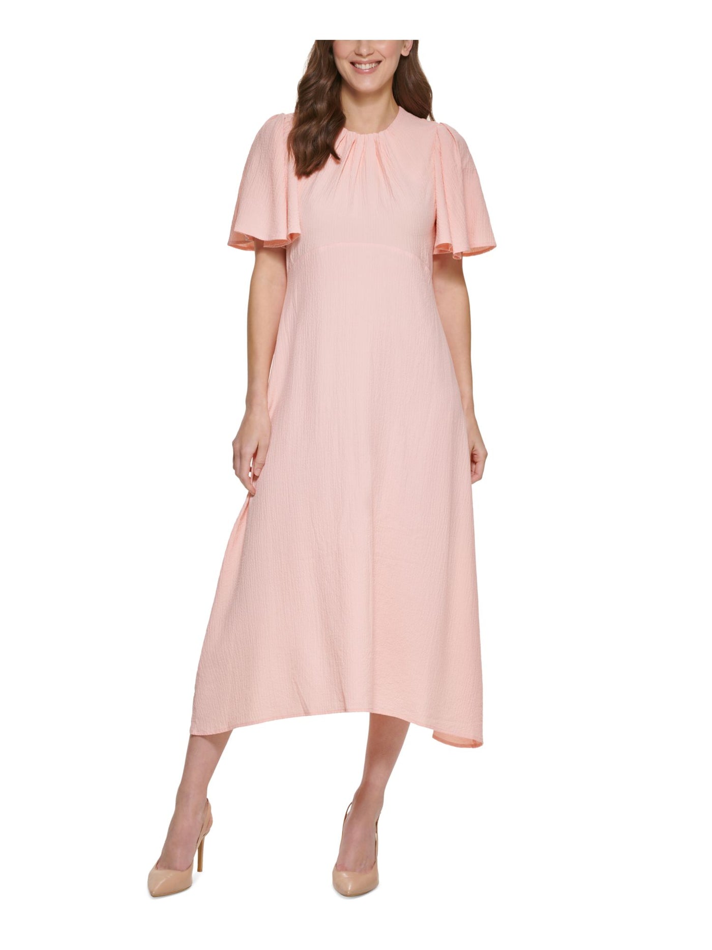 CALVIN KLEIN Womens Pink Pleated Zippered Textured Flutter Sleeve Round Neck Midi Party Fit + Flare Dress 12