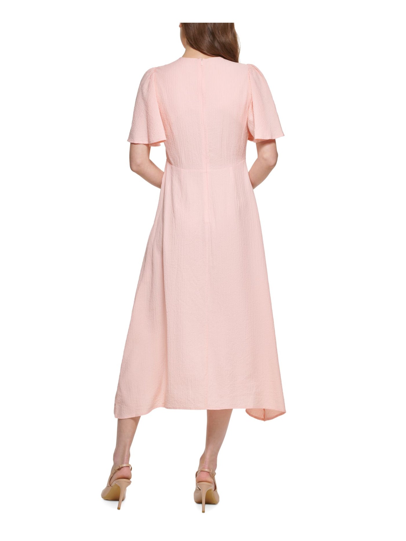 CALVIN KLEIN Womens Pink Pleated Zippered Textured Flutter Sleeve Round Neck Midi Party Fit + Flare Dress 6
