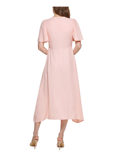 CALVIN KLEIN Womens Pink Pleated Zippered Textured Flutter Sleeve Round Neck Midi Party Fit + Flare Dress 12