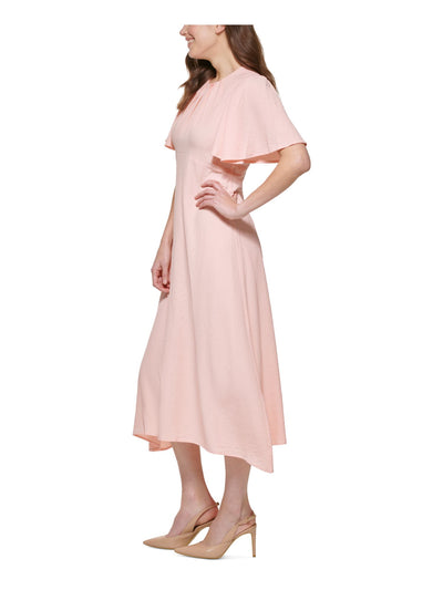 CALVIN KLEIN Womens Pink Pleated Zippered Textured Flutter Sleeve Round Neck Midi Party Fit + Flare Dress 6