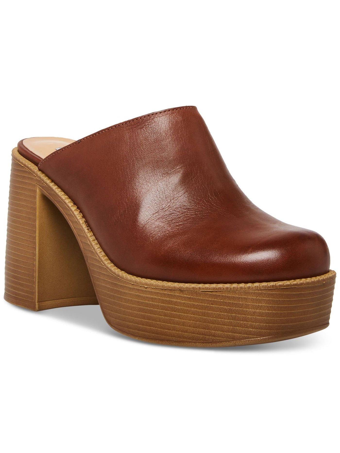 STEVE MADDEN Womens Brown 1-1/2'' Platform Clogs Padded Bowe Round Toe Block Heel Slip On Leather Heeled Sandal 8 M