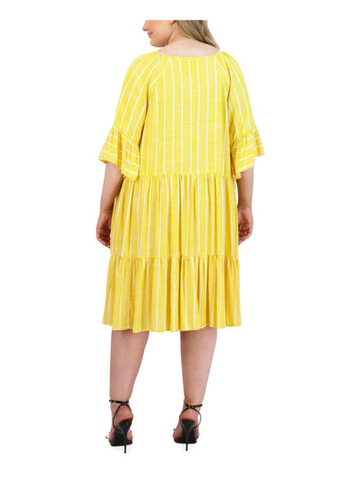 ROBBIE BEE Womens Yellow Tie Ruffled Unlined Striped 3/4 Sleeve V Neck Knee Length A-Line Dress Plus 22W