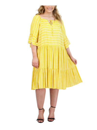 ROBBIE BEE Womens Yellow Tie Ruffled Unlined Striped 3/4 Sleeve V Neck Knee Length A-Line Dress Plus 24W