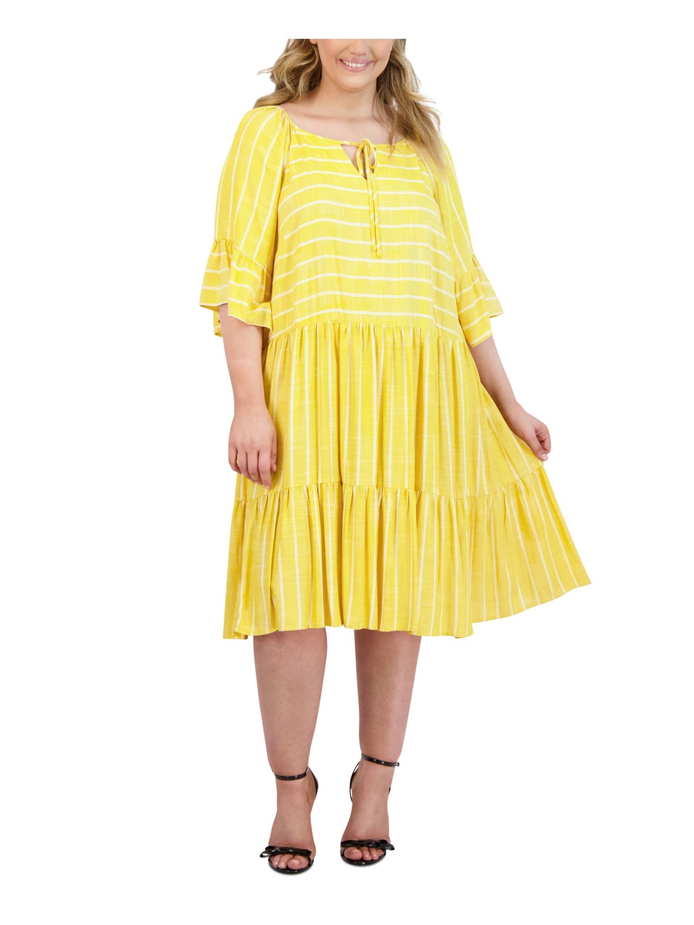 ROBBIE BEE Womens Yellow Tie Ruffled Unlined Striped 3/4 Sleeve V Neck Knee Length A-Line Dress Plus 22W