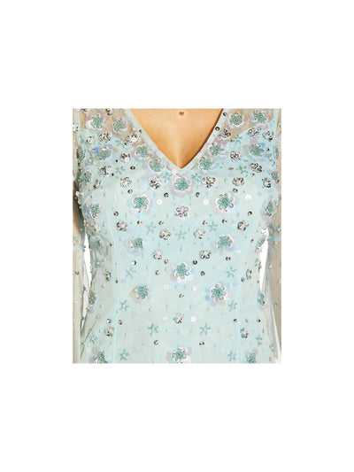 ADRIANNA PAPELL Womens Aqua Embellished Slitted Lined Zippered 3/4 Sleeve Illusion Neckline Tea-Length Evening Sheath Dress 10