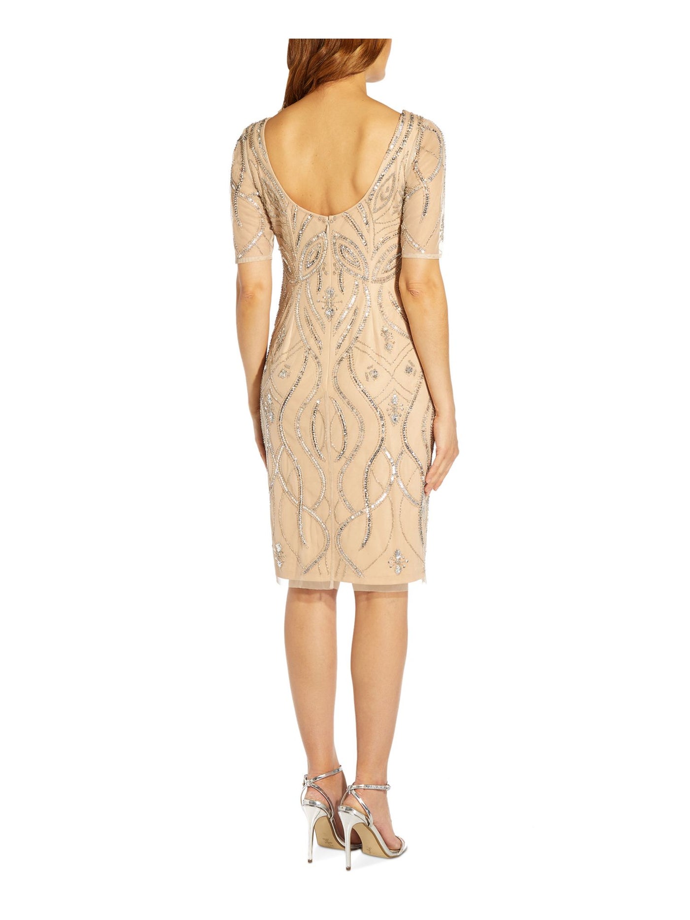 ADRIANNA PAPELL Womens Beige Zippered Lined Elbow Sleeve Round Neck Above The Knee Cocktail Sheath Dress 4