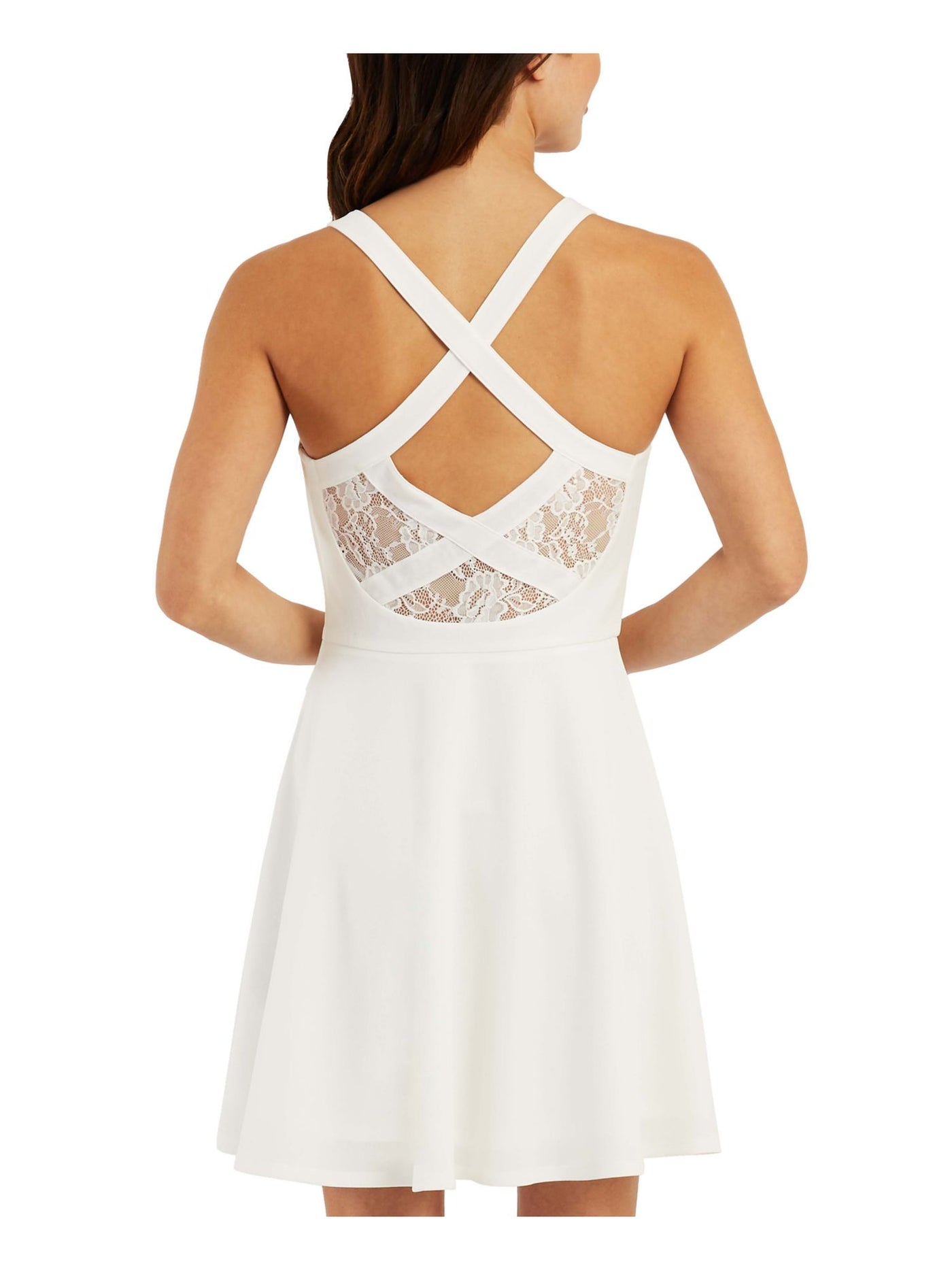 BCX Womens Ivory Zippered Lined Crisscross Back Lace Trim Sleeveless V Neck Short Fit + Flare Dress 15