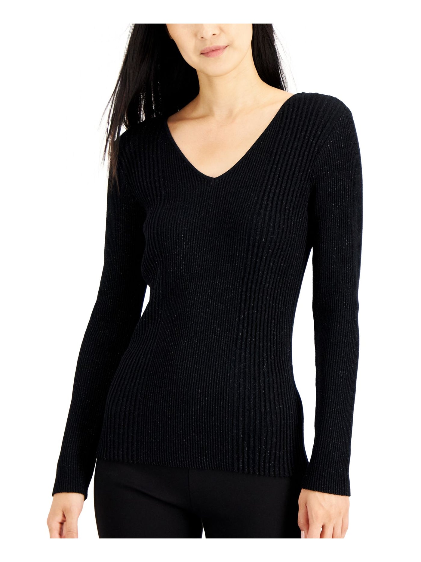 ALFANI Womens Black Ribbed Glitter Long Sleeve V Neck Sweater M