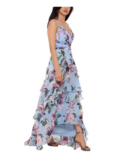 XSCAPE Womens Light Blue Pleated Zippered Tiered Ruffles Dual Straps Lined Floral Sleeveless V Neck Full-Length Evening Hi-Lo Dress Petites 10P