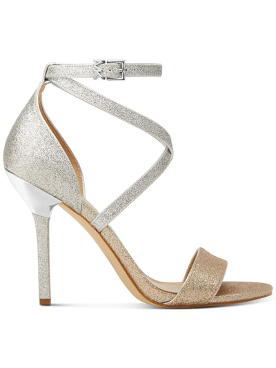 MICHAEL MICHAEL KORS Womens Silver Glitter Goring Strappy Ankle Strap Padded Astrid Round Toe Stiletto Buckle Dress Heeled Sandal 6 M