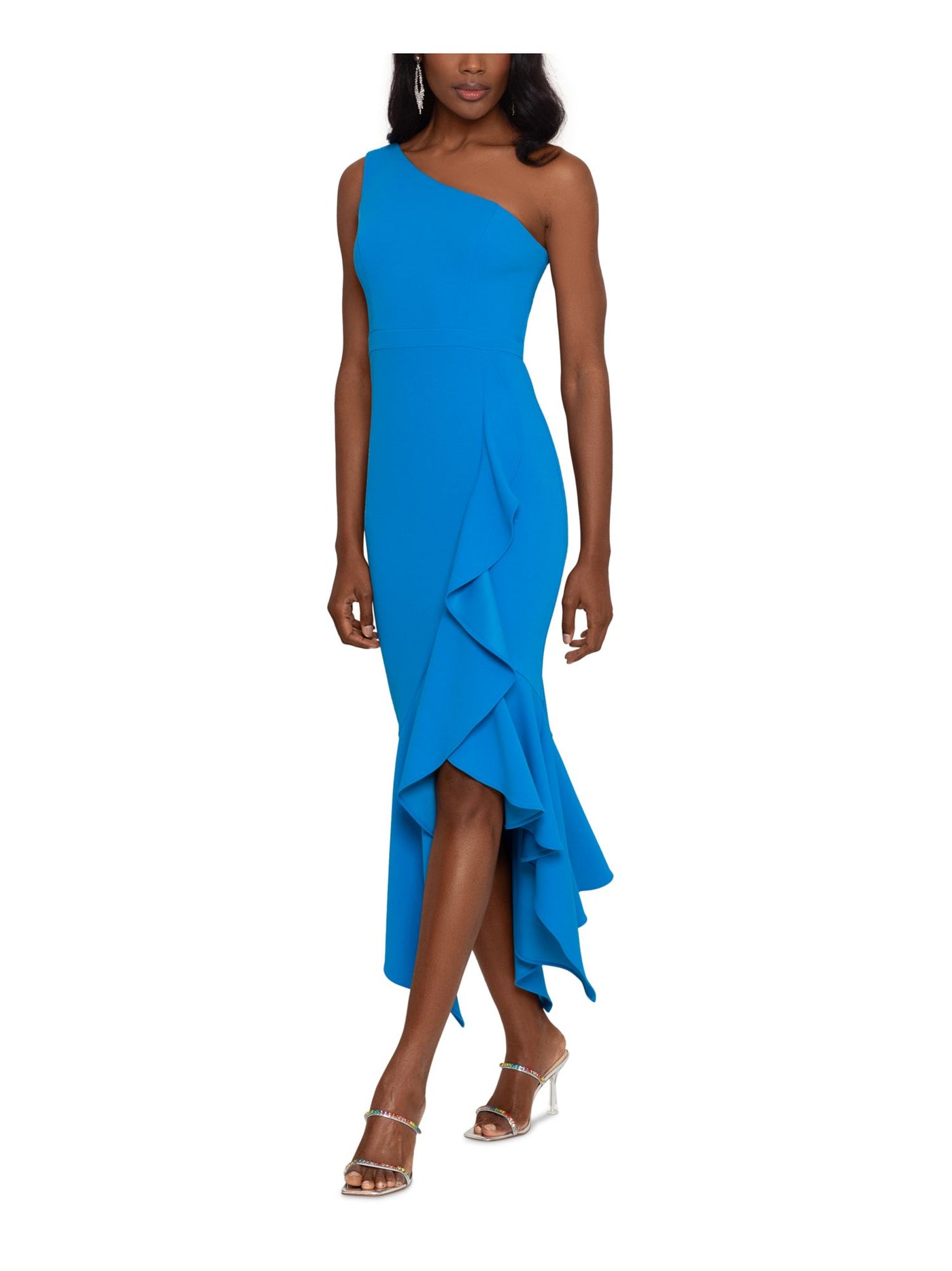 XSCAPE Womens Blue Zippered Ruffled Hi-lo Hem Sleeveless Asymmetrical Neckline Maxi Evening Body Con Dress 16