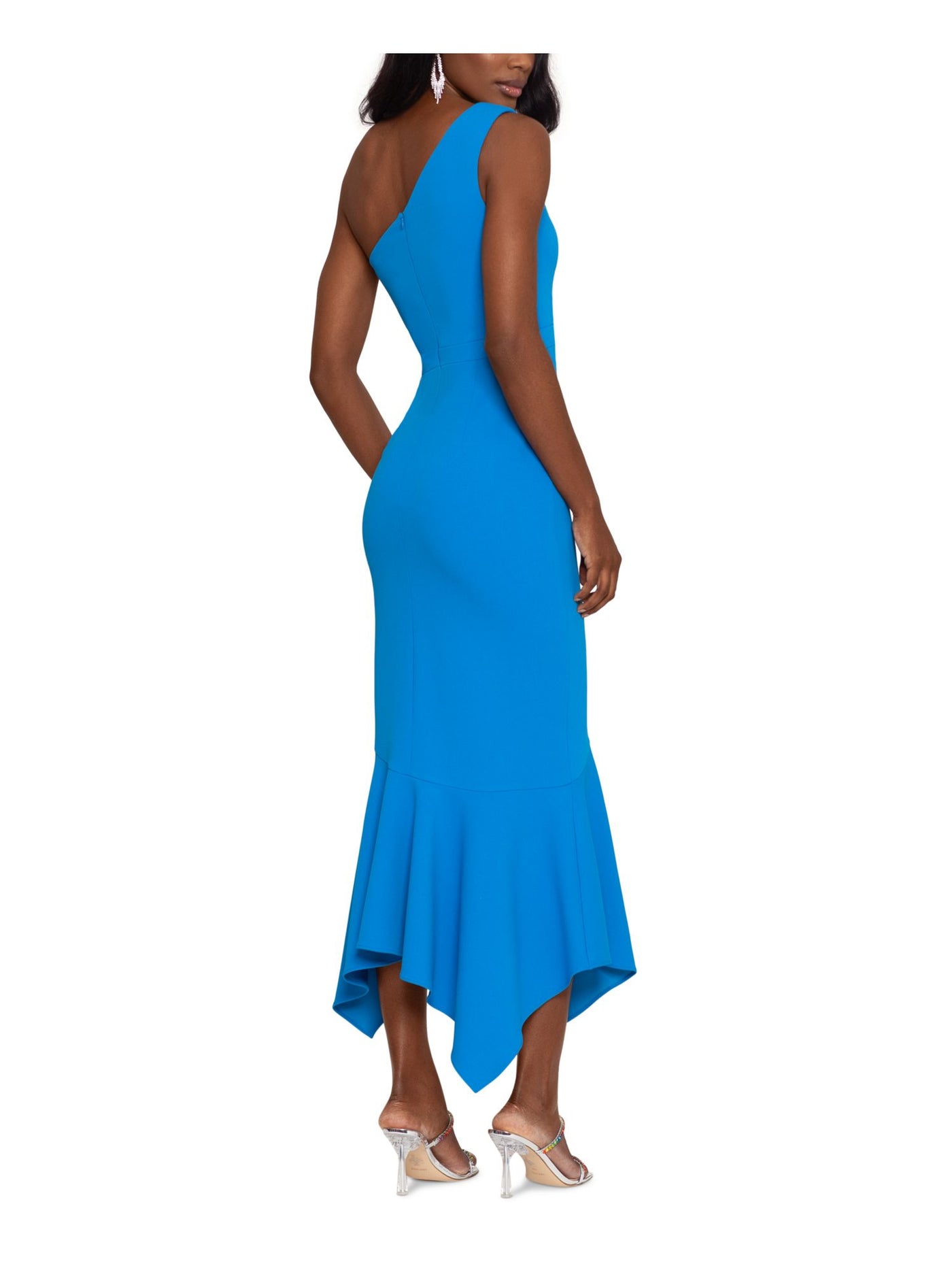 XSCAPE Womens Blue Zippered Ruffled Hi-lo Hem Sleeveless Asymmetrical Neckline Maxi Evening Body Con Dress 16