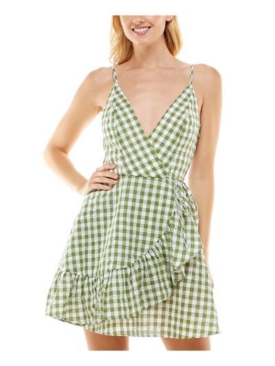 SPEECHLESS Womens Green Zippered Ruffled Side Tie Cutout Back Gingham Sleeveless Surplice Neckline Short Faux Wrap Dress L