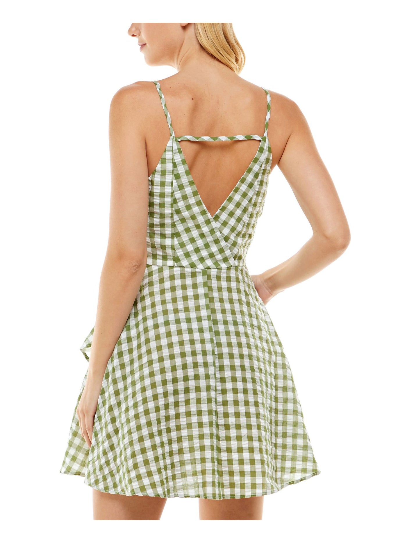 SPEECHLESS Womens Green Zippered Ruffled Side Tie Cutout Back Gingham Sleeveless Surplice Neckline Short Faux Wrap Dress XXS