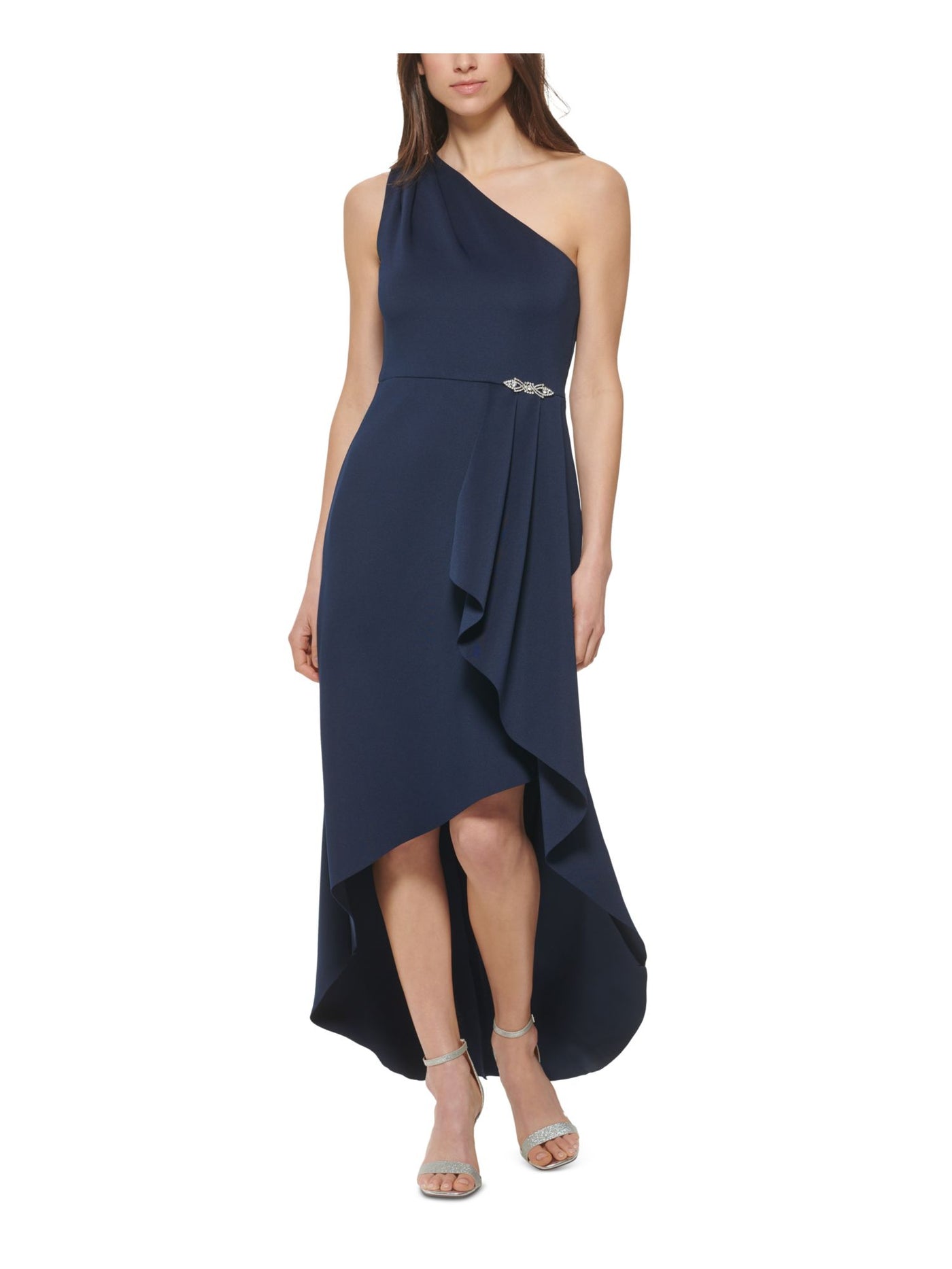 JESSICA HOWARD Womens Navy Ruffled Sleeveless Asymmetrical Neckline Full-Length Evening Hi-Lo Dress Petites 8P