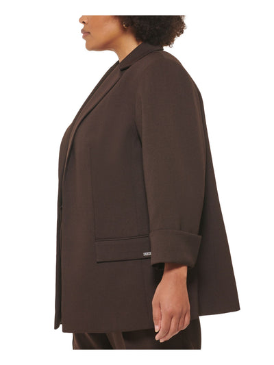 CALVIN KLEIN Womens Brown Pocketed Slitted Shoulder Pads Lined Rolled Cuffs Wear To Work Blazer Jacket Plus 20W