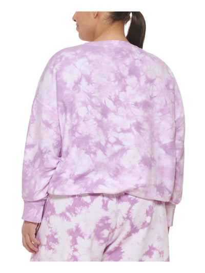 DKNY SPORT Womens Purple Ribbed Terry Pullover Drawstring Waist Tie Dye Long Sleeve Crew Neck Sweater Plus 3X