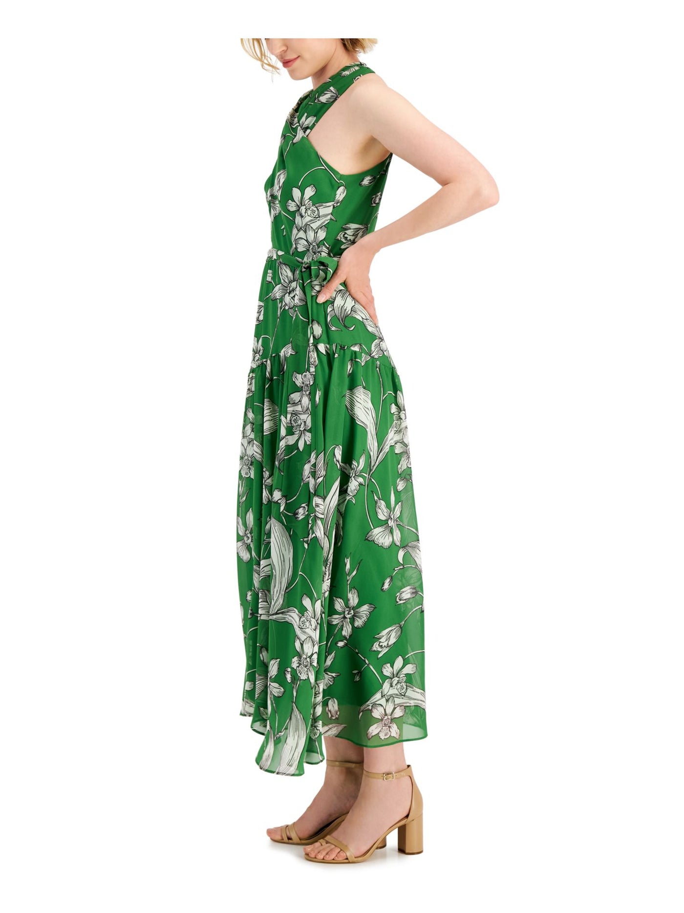 TAYLOR Womens Green Zippered Sheer Crisscross Self Tie Waist Lined Floral Sleeveless Halter Maxi Fit + Flare Dress 14
